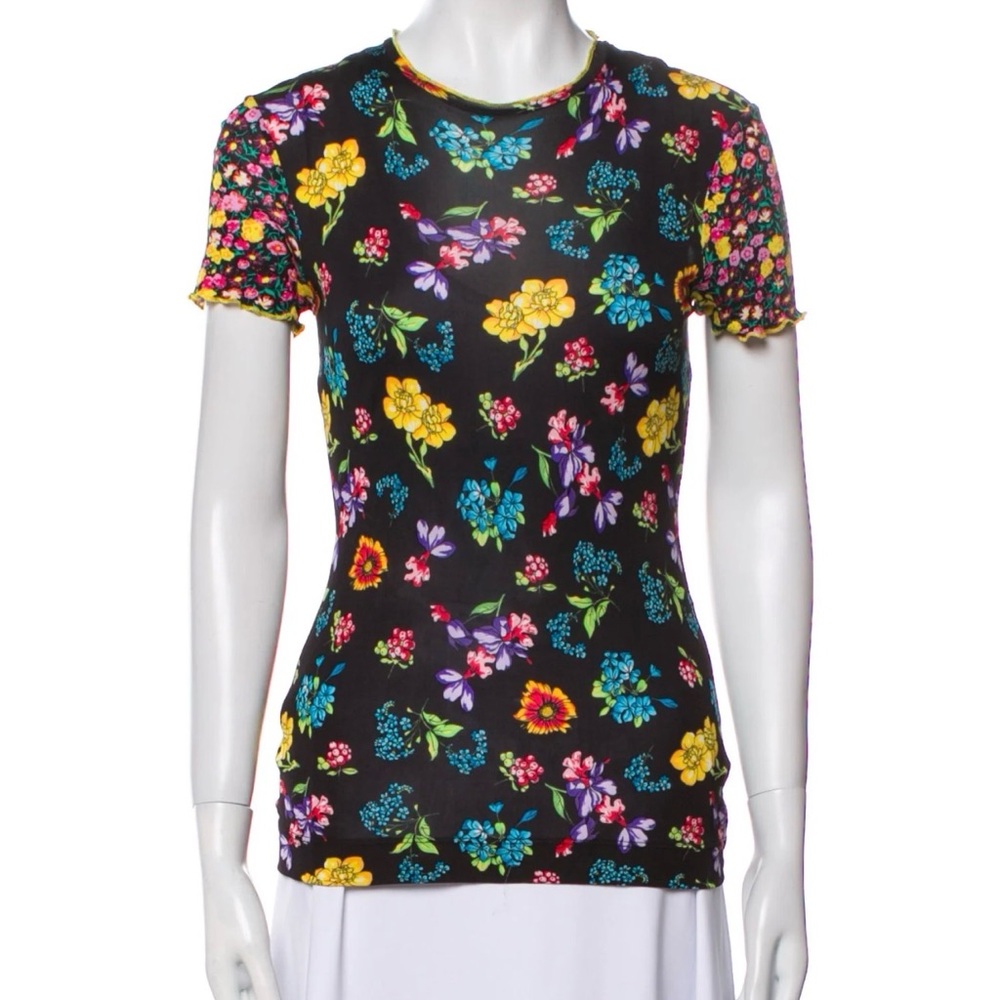 Versace Black Floral Short-Sleeve Tee with Multicolor Blooms